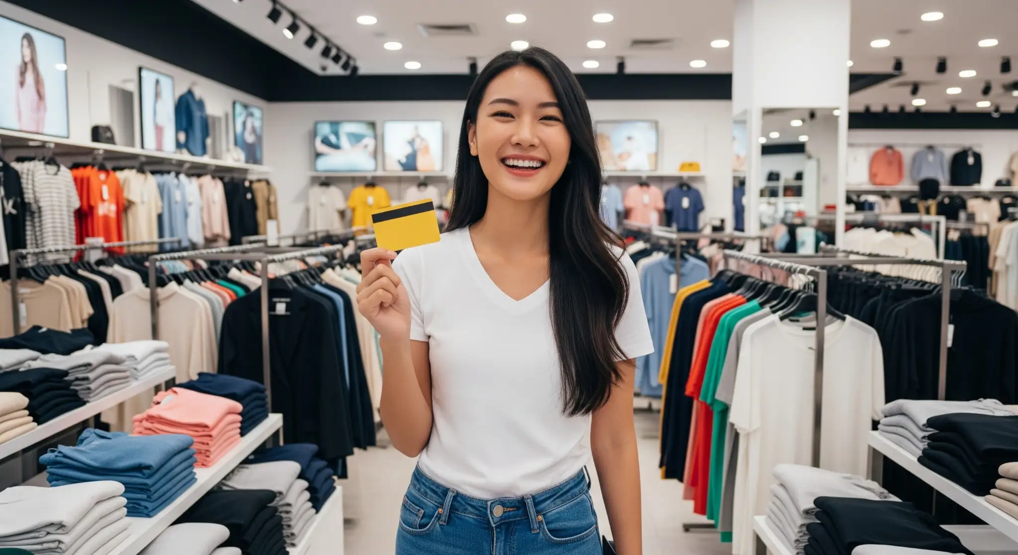 happy woman holding a gift card in the middle of a retail fashion store